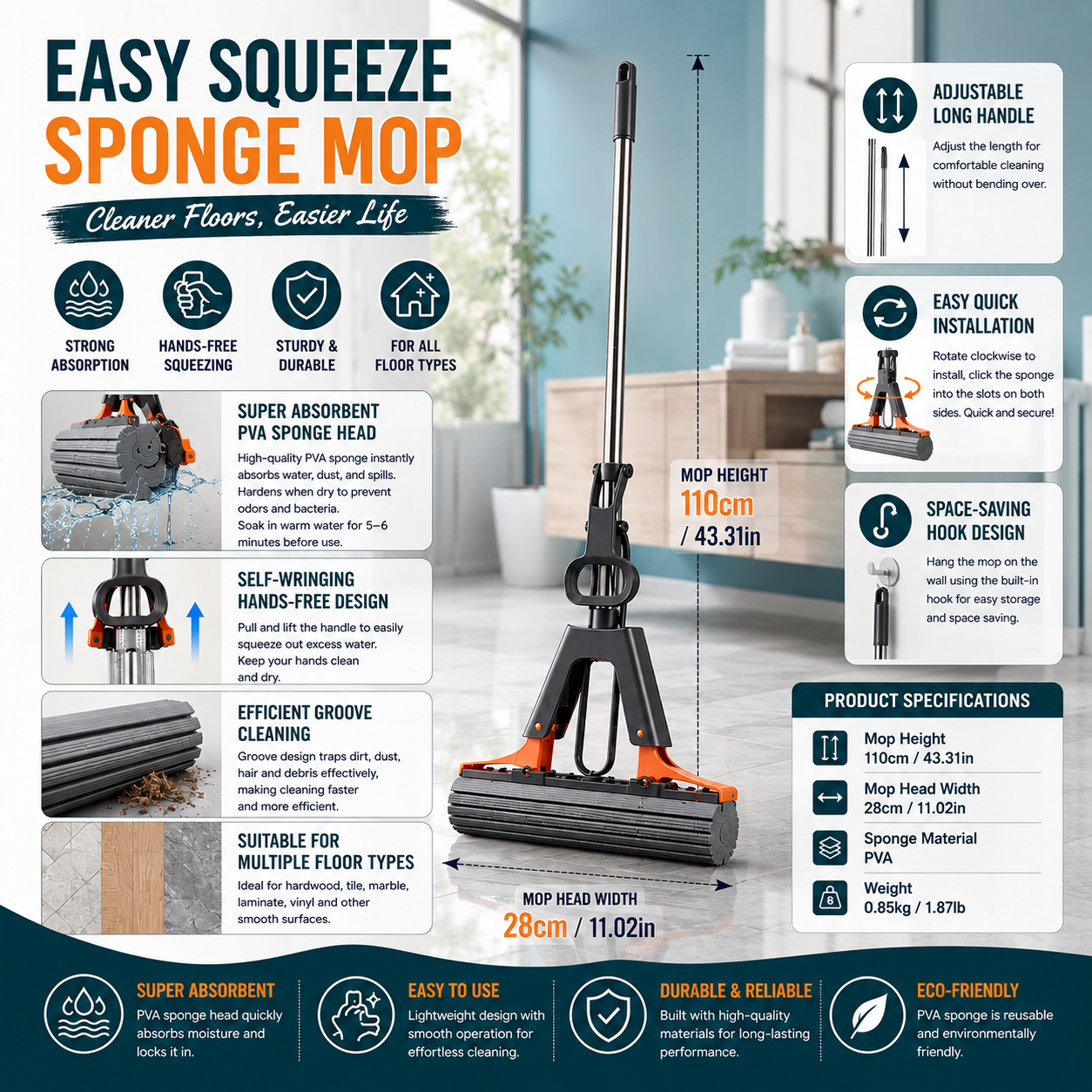 Multi-Purpose Foldable Floor Cleaning Squeeze Mop Wiper